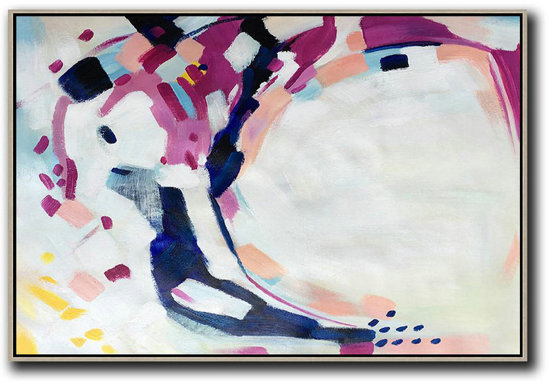 Huge Abstract Painting On Canvas,Oversized Horizontal Contemporary Art,Large Wall Art Canvas,Pink,Purple,Dark Blue,White,Yellow.etc